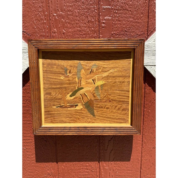 None Other - Mallard Duck Mid Century Modern Framed Wood Cut Out Inlay Wall Art 18''x 15.5''